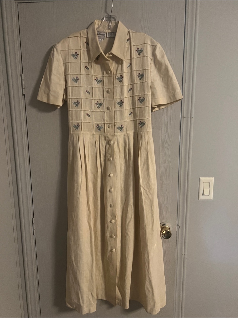Vintage 90s Karin Stevens Button-Front Midi Dress Embroidered Bodice Size 12